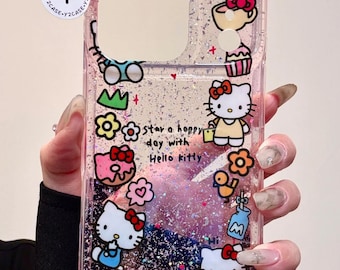 Niedliche Hello Kitty Glitter iPhone 17 16 15 14 13 Pro Max Hülle, Pink Sparkle Sanrio Cover, Kawaii Kokette Ästhetik Charm Geschenk für Sie