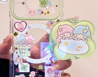 Kawaii Little Twin Stars MagSafe Handyhülle mit Griff & Perlenanhänger, Sanrio Cover iPhone 17 16 15 14 Pro Max, Y2K Kokette