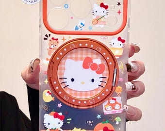 Niedliche Hello Kitty Ring Stand Cover, Orange karierte Ständer Abdeckung iPhone 17 16 15 14 13 Pro Max, Kawaii Sanrio Gingham Charme Geschenk für Sie