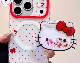 Etui Hello Kitty MagSafe z uchwytem Shaker Grip i zawieszką, w czerwone kropki, na iPhone'a 17 16 15 14 13 Pro Max, zestaw upominkowy Kawaii Sanrio Coquette
