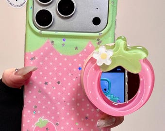 Niedliche Erdbeer MagSafe Hülle iPhone 17 16 15 14 13 Pro Max, Pink Grüner Spiegelgriff, Kawaii Kokette Glitzer Charm Geschenk für Sie