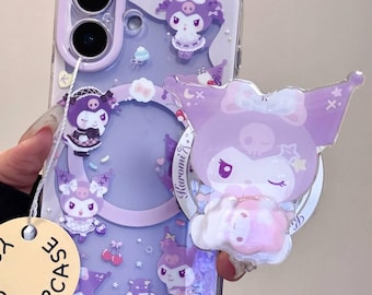 Niedliche Kuromi MagSafe Hülle, Lila Pastel Goth Y2K Coquette Cover, Acryl Griff & Perlen Anhänger, iPhone 17 16 15 14 13 Pro Max Geschenk