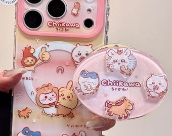 Magsafe sött Chiikawa Shaker Grip-skal, rosa anime-rörliga charms-skal till iPhone 17 16 15 14 13 Pro Max, kawaii Hachiware Usagi-present, japanskt