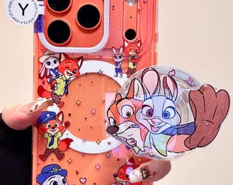 Zootopia Judy & Nick MagSafe Hülle iPhone 17 16 15 14 Pro Max, Süße Orange Glitter-Abdeckung, magnetischer Shaker-Griff, Perlenanhänger-Geschenk für sie