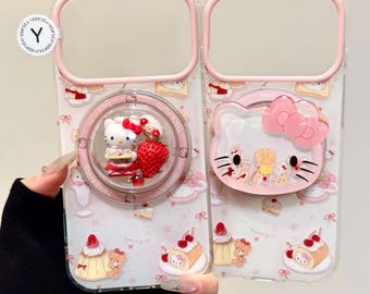 Niedliche Hello Kitty MagSafe Hülle & Shaker Grip Charm, Rosa Bäckerei Kuchen Cover iPhone 17 16 15 14 13 Pro Max, Kawaii Kokette Ästhetik Geschenkset