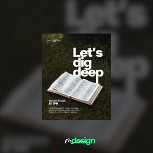K&ouml;nnte beinhalten: Ein offenes Buch mit roten Kanten und einem roten Leseb&auml;ndchen liegt auf gr&uuml;nem Gras. Der Text "Let's dig deep" ist in wei&szlig;er, fetter Schrift. Zus&auml;tzlicher Text enth&auml;lt "WEDNESDAYS AT 7PM" und die Kirchenadresse.