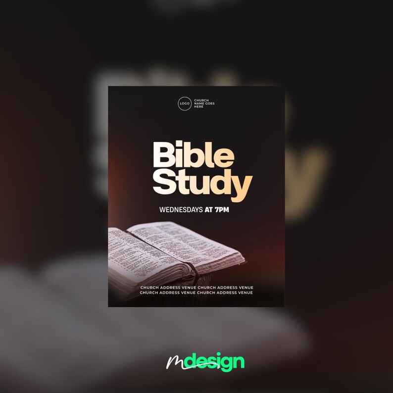 K&ouml;nnte beinhalten: Ein Werbeplakat f&uuml;r eine Bibelstunde. Es zeigt die Worte "Bible Study" in Gold, ein offenes Buch und die Zeit "Wednesdays at 7PM". Das Logo und die Adresse der Kirche sind ebenfalls enthalten.