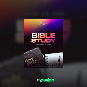 May include: A promotional graphic for a Bible study event. The design features the words "BIBLE STUDY" in large, bold letters, with a gradient background of purple, orange, and yellow. A Bible and notebook are also visible.