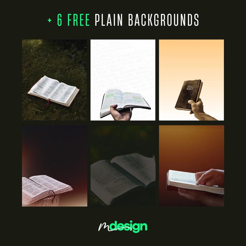 K&ouml;nnte beinhalten: Ein Bild mit sechs verschiedenen Hintergr&uuml;nden mit offenen Bibeln. Der Text oben lautet "+ 6 FREE PLAIN BACKGROUNDS". Der Text unten lautet "mdesign". Die Bibeln werden in verschiedenen Umgebungen gezeigt, darunter auf Gras und von einer Person gehalten.