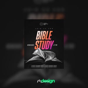 May include: A promotional poster with a dark background, featuring the words "BIBLE STUDY" in gradient orange and purple. The poster includes an open book illustration and text indicating the study is on Wednesdays at 7 PM.