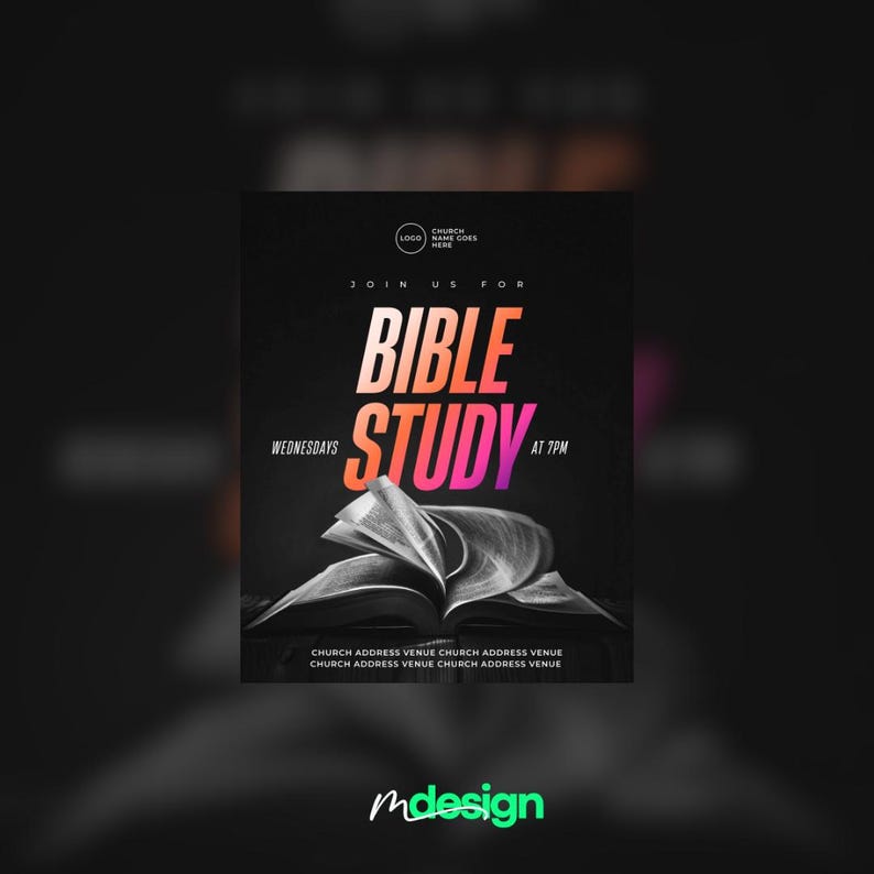 May include: A promotional poster with a dark background, featuring the words "BIBLE STUDY" in gradient orange and purple. The poster includes an open book illustration and text indicating the study is on Wednesdays at 7 PM.