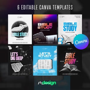 Könnte beinhalten: Sechs editierbare Canva-Vorlagen mit dem Text "Bible Study" und "Let's Study the Word". Jede Vorlage zeigt ein anderes Design, einschließlich offener Bücher und verschiedener Farbschemata. Das Canva-Logo ist ebenfalls sichtbar.