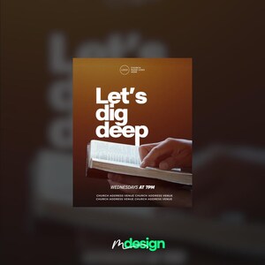 K&ouml;nnte beinhalten: Ein Werbeplakat mit braunem Hintergrund und wei&szlig;em Text, der lautet: "Let's dig deep." Eine Hand dreht die Seiten eines Buches um. Der Text "WEDNESDAYS AT 7PM" ist ebenfalls enthalten, zusammen mit den Adressinformationen der Kirche.