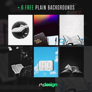 May include: A promotional image featuring six different backgrounds, each showcasing a Bible or open book. The top left image is a black and white circle with a book. The top right image has the text "Holy Bible". The image also includes the text "+ 6 FREE PLAIN BACKGROUNDS".