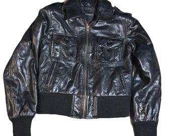 Superior NY Womens Genuine Leather Bomber Jacket M Black Cropped Zip Y2K