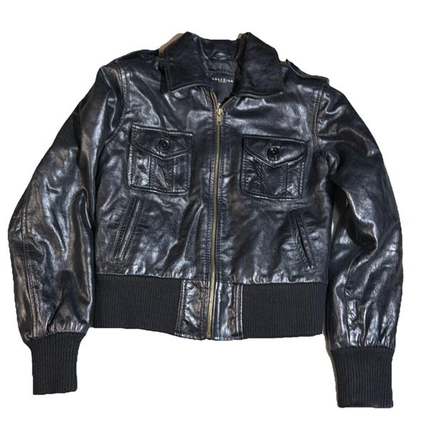 Chaqueta bomber de cuero genuino para mujer Superior NY, talla M, color negro, corte corto con cremallera, estilo Y2K.
