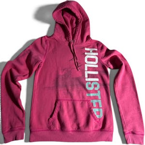 May include: A bright pink long-sleeve hooded sweatshirt featuring a large vertical white and light blue HOLLISTER logo printed on the front. The hoodie includes a front kangaroo pocket, a drawstring hood, and a subtle dark graphic of birds.
