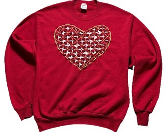Sudadera vintage Jerzees USA Made, talla M, color rojo, con cuello redondo texturizado y corazón. Años 90.