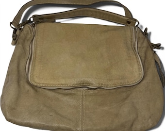 Vintage Made Italy Leather Hobo Shoulder Bag Taupe Beige Distressed y2k