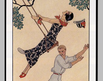 The Swing French Art Deco Style Print, Man Swinging His Lady Feminine Print, French Design Wall Art, Giclée Print