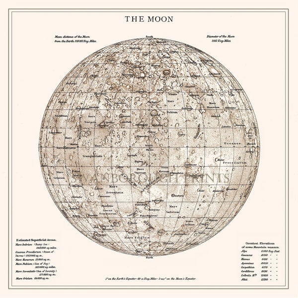 Map of The Moon Art Print, Detailed Moon Print Showing and Naming The Craters, and Relevant Distances Astrologers Wall Decor