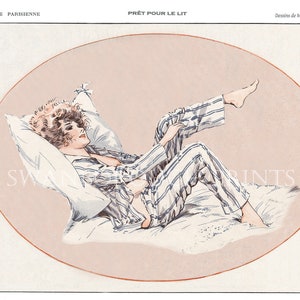 May include: A woman in striped pyjamas lies on a bed with a pillow. She is looking to the right and has her right leg raised. The image is in a vintage style and has a light pink background.