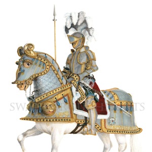 White Stallion and Knight in Armour Highly Decorative Print taken from our Original Hand Coloured 1838 print of a Spanish Knight and Horse image 1
