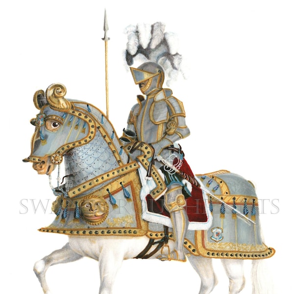 White Stallion and Knight in Armour Highly Decorative Print taken from our Original Hand Coloured 1838 print of a Spanish Knight and Horse