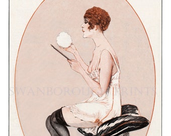 Bedroom Print Woman at Her Makeup Bathroom or Dressing Room Decor, Powder Puff, Decorative Ladies Art Print.