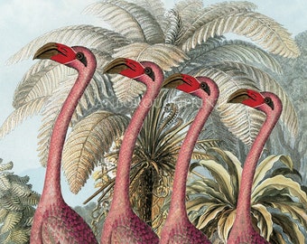 Pink Flamingo Family Bird Art Print, Giclée Print of Flamingo's in a Jungle Scene. Fun Flamingo Print.