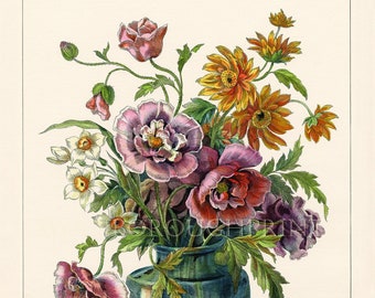 Floral Arrangement No2, An Arrangement of Various Flowers in a Vase, Giclée print from a Vintage Engraving Originally Water Coloured by Us.