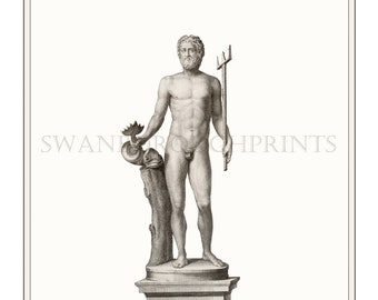 Neptune God of all Seas. Marble Statue Wall Art. Living Room Decor. Vestibule Wall Art. Nude Male Print. Watercolour Paper. Decorative Art