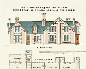 Architectural Print English Cottage, Architecture Plans and Drawings, Country Home Art Decor, Builders Plans Mans Office Wall Art Print.