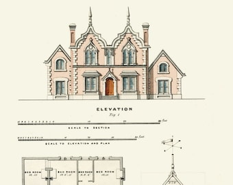 Architectural Print Office Wall Art, English House Plans Architecture Wall Art Print, Architecture Plans and Drawings, Country Homes Plans