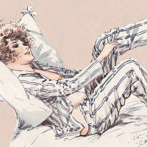 May include: A woman in striped pyjamas lies on a bed with a white pillow. Her hair is curled and she is looking to the side.