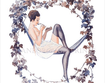 Woman in Lavender Stockings Relaxing in a Hammock Sampling The Grape Harvest.