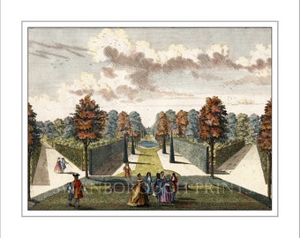 Garden Design Print, Pleasure Gardens Giclée Print from The Original 1783 Engraving, Hand Coloured in Water Colour.