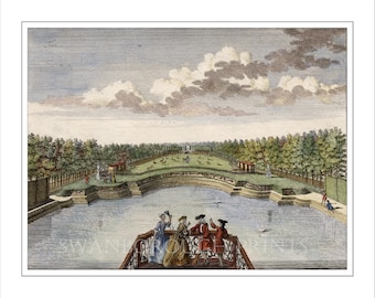 Lakeside Garden Print Pleasure Garden, Dutch Landscaped Garden, Giclée print from The Original 1783 Hand coloured Engraving