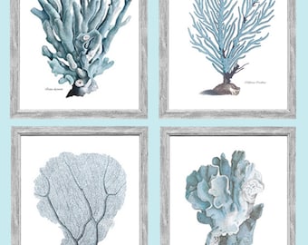 Blue Sea Life Coral Prints. Blue Corals Sea Life Prints Set of 4 on Archival Watercolour Paper.