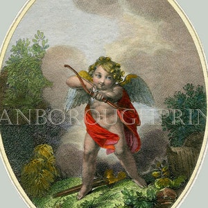 Peut inclure: Une figure ch&eacute;rubique avec des ailes, portant un drap&eacute; rouge, tient un arc et une fl&egrave;che dans un d&eacute;cor bois&eacute;. La figure a les cheveux blonds et les yeux bleus. L'arri&egrave;re-plan est un doux cama&iuml;eu de verts, de bruns et de gris.