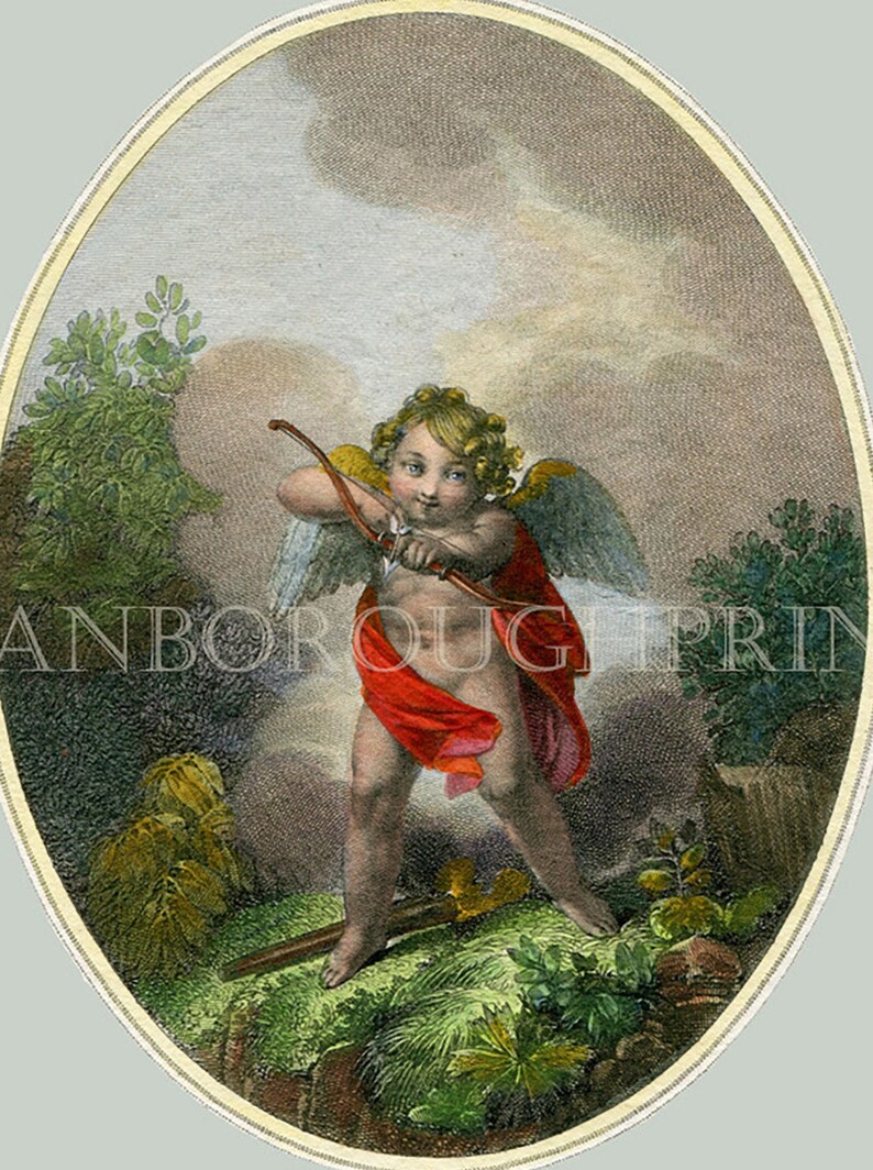 Peut inclure: Une figure ch&eacute;rubique avec des ailes, portant un drap&eacute; rouge, tient un arc et une fl&egrave;che dans un d&eacute;cor bois&eacute;. La figure a les cheveux blonds et les yeux bleus. L'arri&egrave;re-plan est un doux cama&iuml;eu de verts, de bruns et de gris.