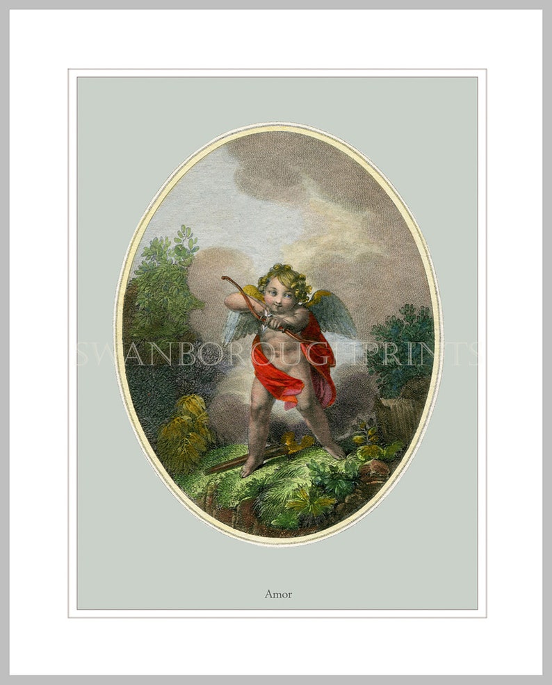 Peut inclure: Une illustration vintage de Cupidon, le dieu romain de l'amour, tenant un arc et une fl&egrave;che. Il est repr&eacute;sent&eacute; comme un ch&eacute;rubin ail&eacute; avec une ceinture rouge et une aur&eacute;ole dor&eacute;e. L'image est plac&eacute;e sur un fond de ciel nuageux avec un paysage verdoyant luxuriant. Le texte "Amor" est &eacute;crit sous l'image.