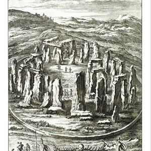 May include: A black and white engraving of Stonehenge, a prehistoric monument in England. The image shows a circular arrangement of large standing stones, with smaller stones lying on the ground. The engraving is dated 1676 and includes text describing the stones' size and weight.