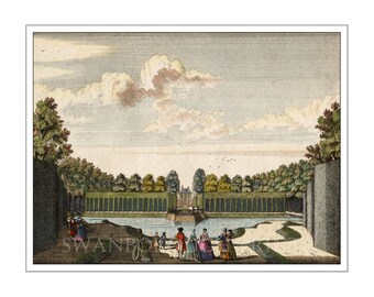 Landscaped Garden Print Dutch Country Garden View, Giclée print from The Original 18th Century Hand Coloured Engraving