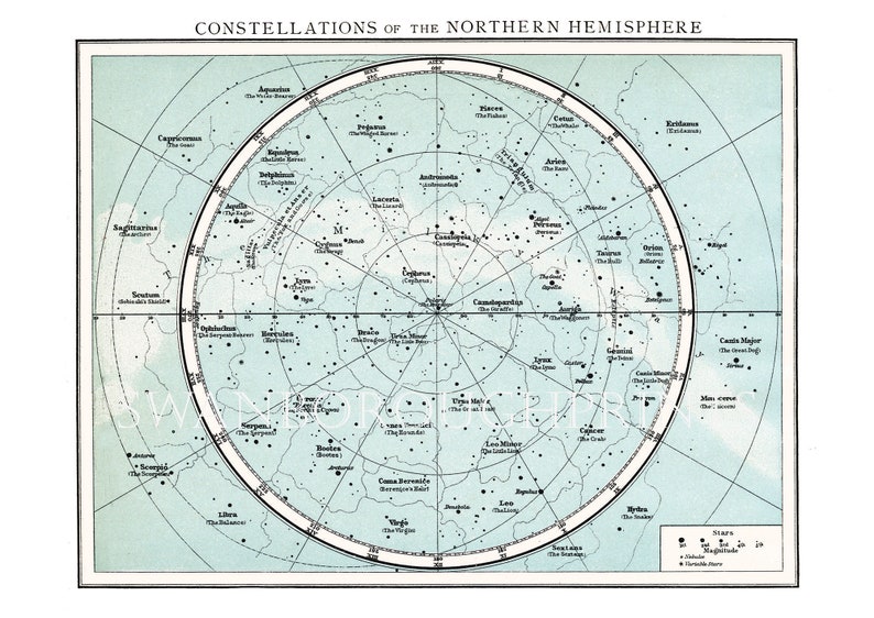 Northern Hemisphere Constellations Map, Astronomy Print Taken From an Early Times Atlas Map Showing The Constellations and Stars. image 2