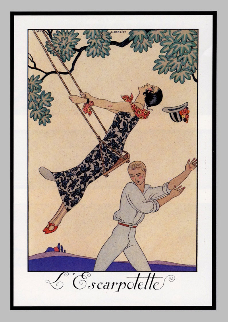 The Swing French Art Deco Style Print, Man Swinging His Lady Feminine Print, French Design Wall Art, Giclée Print image 1