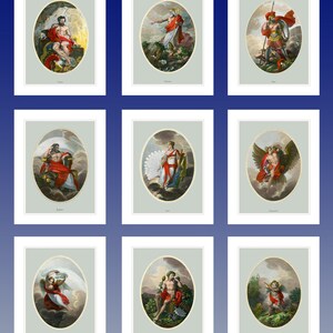 Peut inclure: Neuf illustrations ovales de dieux et d&eacute;esses grecs. Chaque illustration est encadr&eacute;e d'une bordure blanche et plac&eacute;e sur un fond gris clair. Les illustrations sont dispos&eacute;es en grille avec trois rang&eacute;es et trois colonnes. Les illustrations repr&eacute;sentent les dieux et d&eacute;esses suivants : Vulcain, Neptune, Mars, Jupiter, Junon, Mercure, V&eacute;nus, Bacchus et C&eacute;r&egrave;s.
