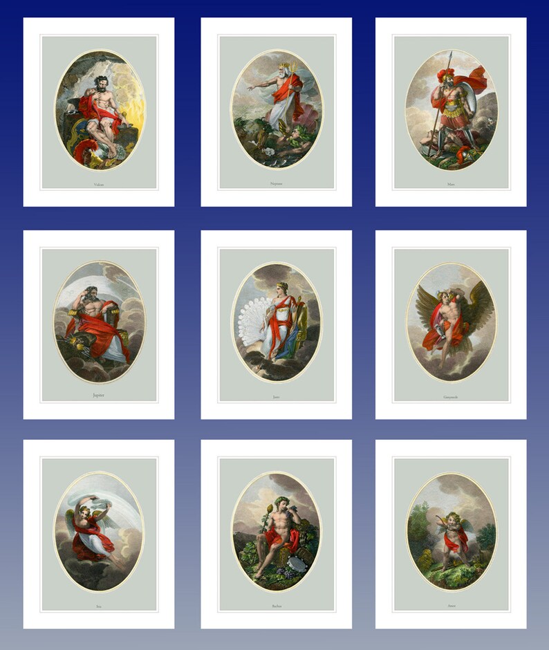 Peut inclure: Neuf illustrations ovales de dieux et d&eacute;esses grecs. Chaque illustration est encadr&eacute;e d'une bordure blanche et plac&eacute;e sur un fond gris clair. Les illustrations sont dispos&eacute;es en grille avec trois rang&eacute;es et trois colonnes. Les illustrations repr&eacute;sentent les dieux et d&eacute;esses suivants : Vulcain, Neptune, Mars, Jupiter, Junon, Mercure, V&eacute;nus, Bacchus et C&eacute;r&egrave;s.