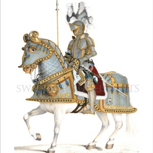 White Stallion and Knight in Armour Highly Decorative Print taken from our Original Hand Coloured 1838 print of a Spanish Knight and Horse image 2