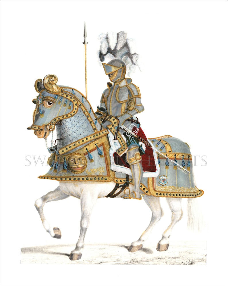 White Stallion and Knight in Armour Highly Decorative Print taken from our Original Hand Coloured 1838 print of a Spanish Knight and Horse image 2